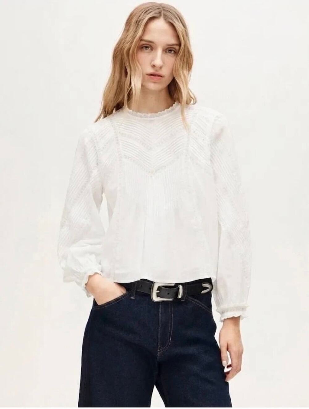 J. Crew Lace-Trim Pintuck Top in Cotton Voile Long Sleeves White Size M NWT